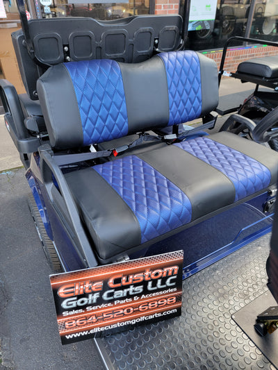 Evolution EV Golf Cart Custom Diamond Stich Seat Covers Black with Blue Diamond Stich  fits Evolutions Classic Pro & Plus, Forester Plus & Carrier Models
