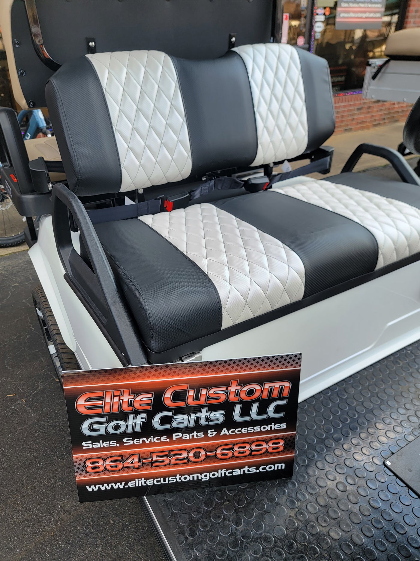 Evolution EV Golf Cart Custom Diamond Stich Seat Covers Black & Pearl