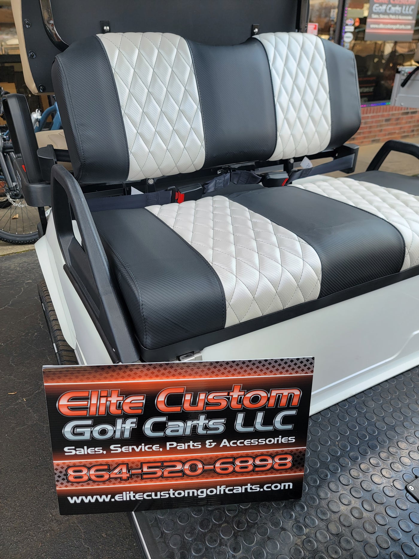 Evolution EV Golf Cart Custom Diamond Stich Seat Covers Black & Pearl