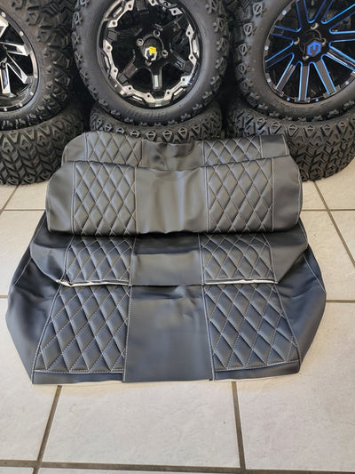 Custom Diamond Stich Black Carbon and Black Seat Covers Ez-Go (Ezgo) Txt/Rxv 1996-Current) or Club Car DS (2000-2013) Includes Both Front Rear Seat Covers