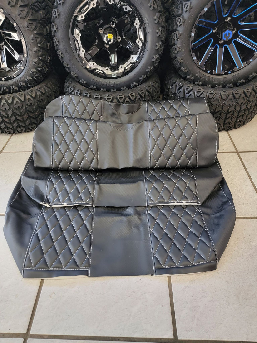 Evolution EV Golf Cart Custom Diamond Stich Seat Covers Black with White Stitch (4 piece set for front &amp; rear)  fits Evolutions Classic 4 Pro &amp; Plus and Forester 4 Plus