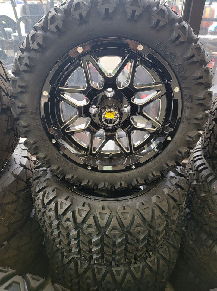 GOLF CART 14" ROC ASSUALT BLACK MILLED WHEELS ON 14x23" ALL TERRAIN TIRES (SET OF 4) optional Lugs