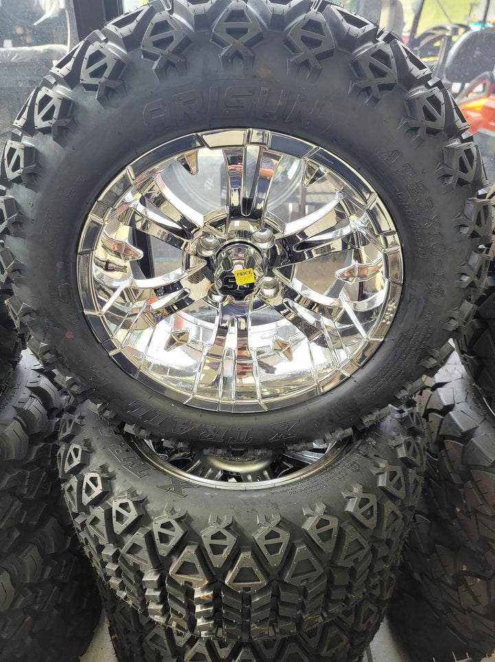 GOLF CART 14" VAMPIRE CHROME WHEELS ON 14x23" ALL TERRAIN TIRES (SET OF 4) optional Lugs