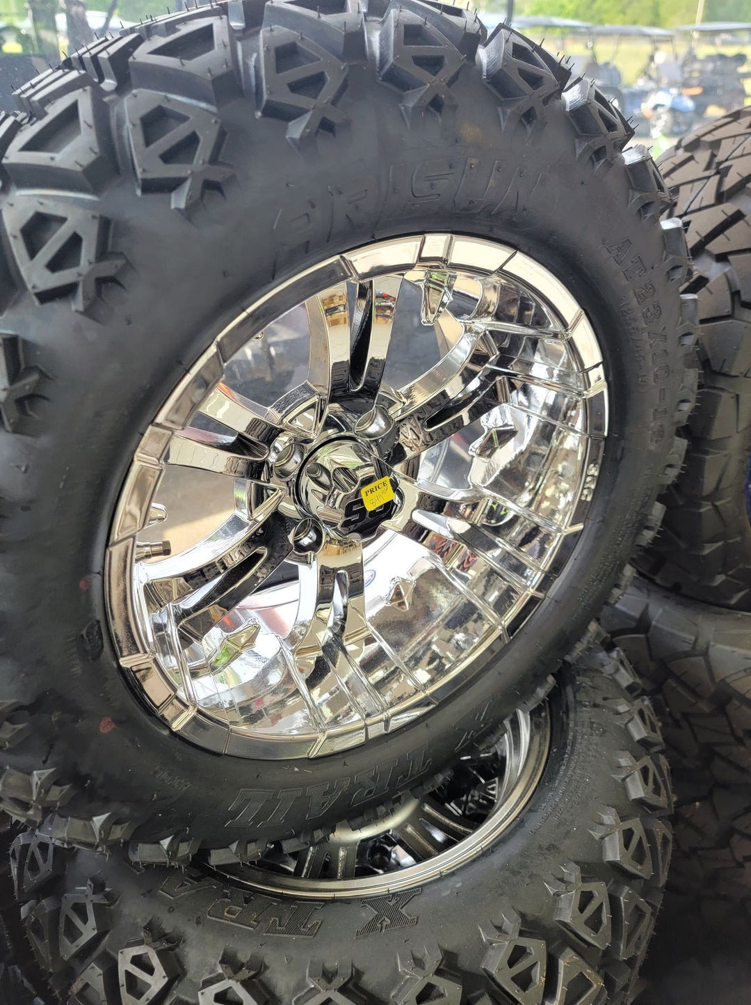 GOLF CART 14" VAMPIRE CHROME WHEELS ON 14x23" ALL TERRAIN TIRES (SET OF 4) optional Lugs