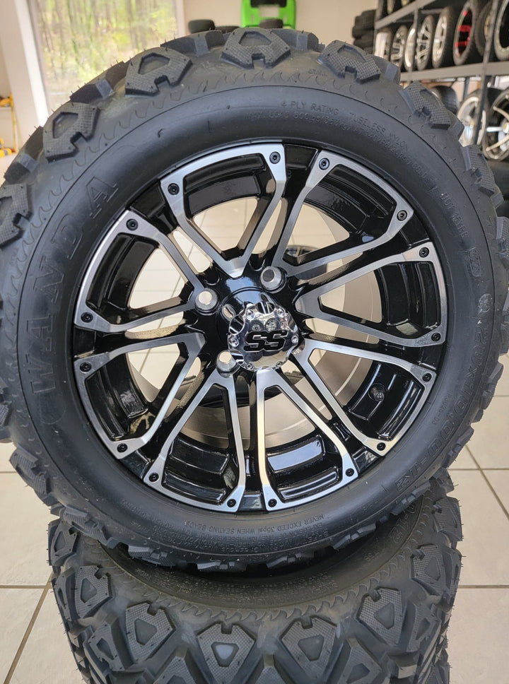 GOLF CART 12" LANCER MACHINED / BLACK WHEELS ON 20" ALL TERRAIN TIRES (SET OF 4) optional Lugs