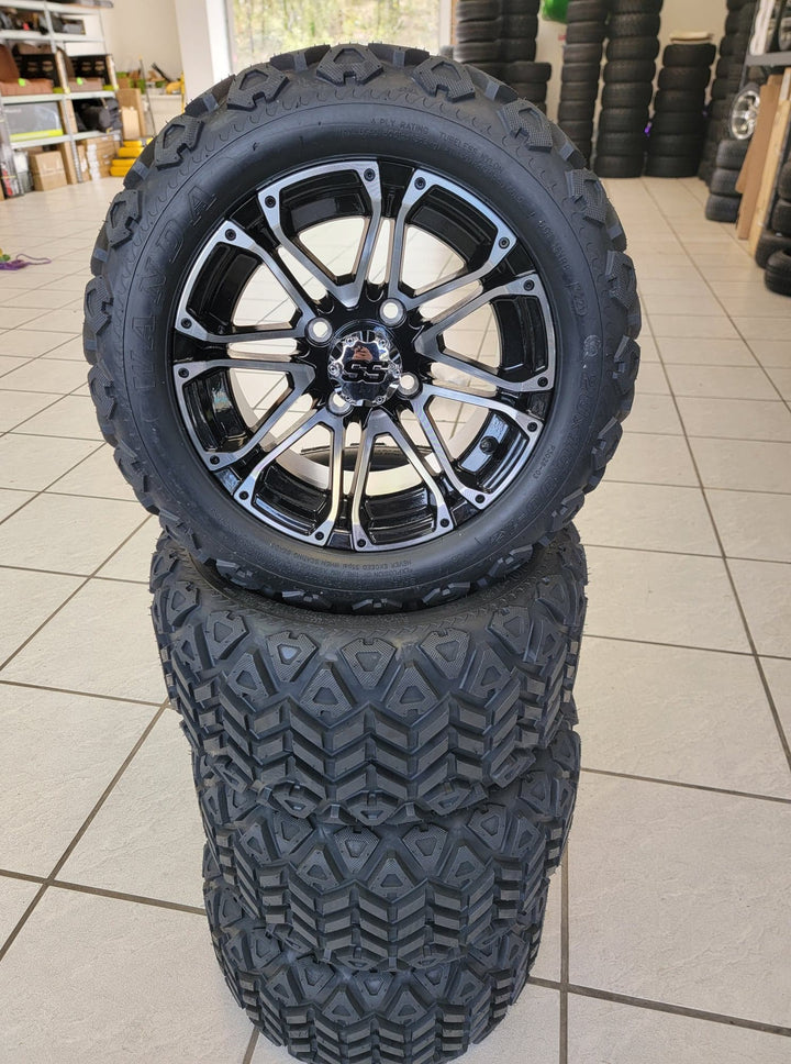 GOLF CART 12" LANCER MACHINED / BLACK WHEELS ON 20" ALL TERRAIN TIRES (SET OF 4) optional Lugs