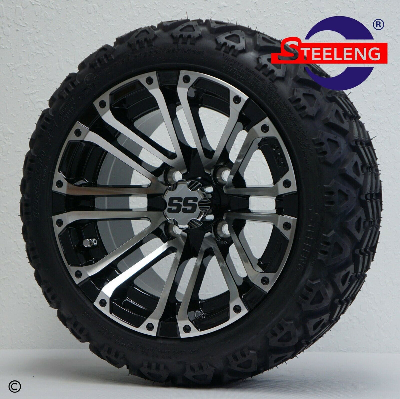 12" LANCER MACHINED / BLACK GOLF CART WHEELS and 12x7-18 ALL TERRAIN TIRES (SET OF 4) WITH LUGS
