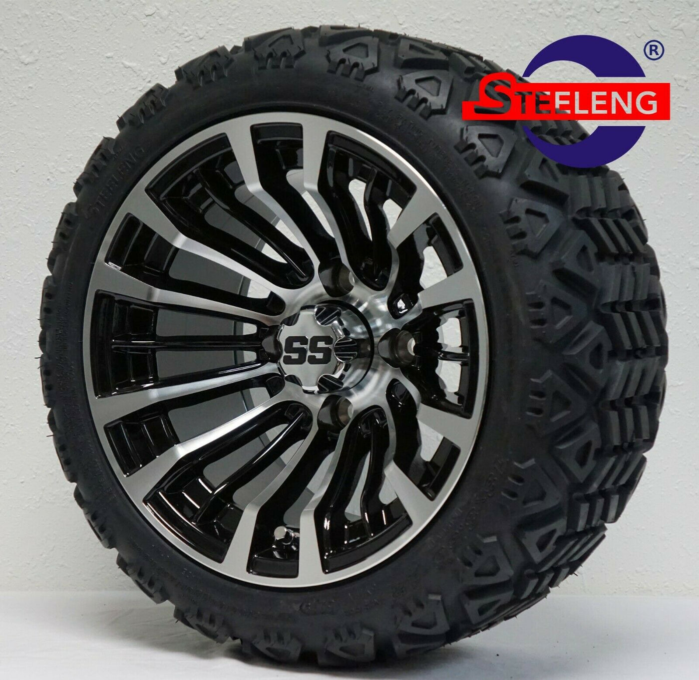12" MATADOR MACHINED / BLACK GOLF CART WHEELS and 12x7-18 ALL TERRAIN TIRES (SET OF 4) WITH LUGS