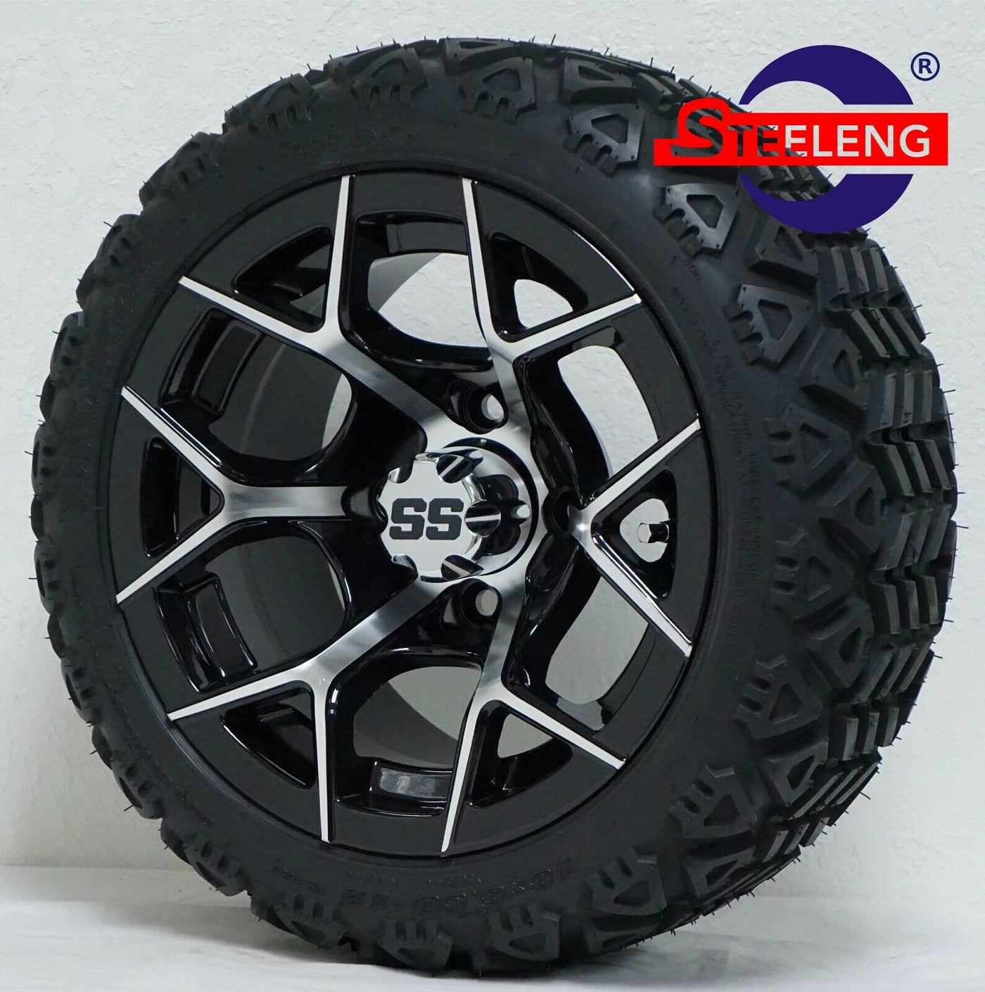12" RALLY MACHINED / BLACK GOLF CART WHEELS and 12x7-18 ALL TERRAIN TIRES (SET OF 4) WITH LUGS