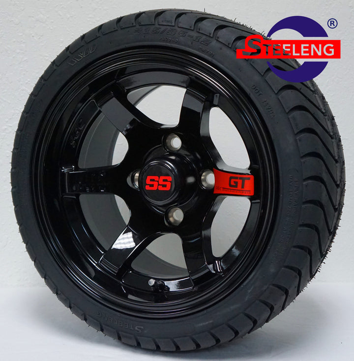 12" GT BLACK GOLF CART WHEELS on LOW PROFILE TIRES (SET OF 4) W/ Lugs