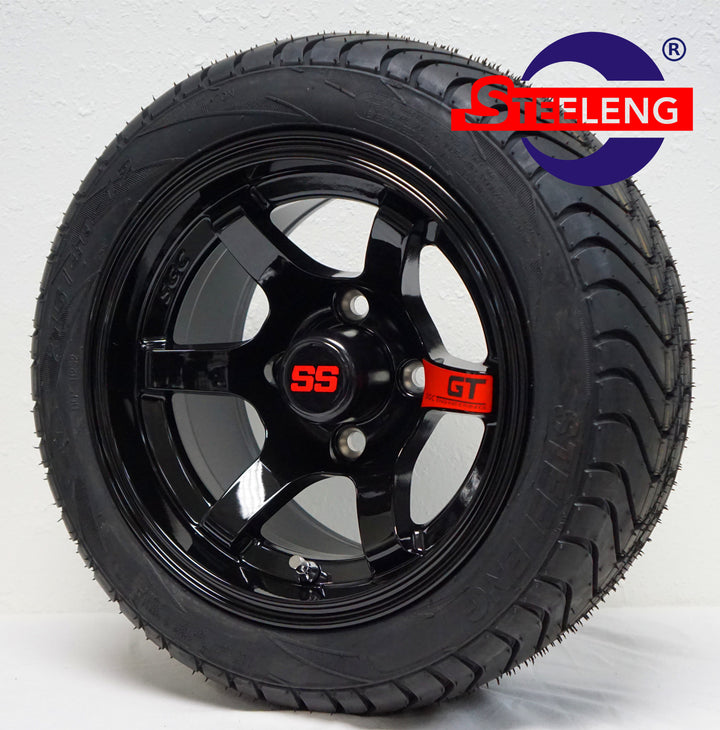 12" GT BLACK GOLF CART WHEELS on LOW PROFILE TIRES (SET OF 4) W/ Lugs