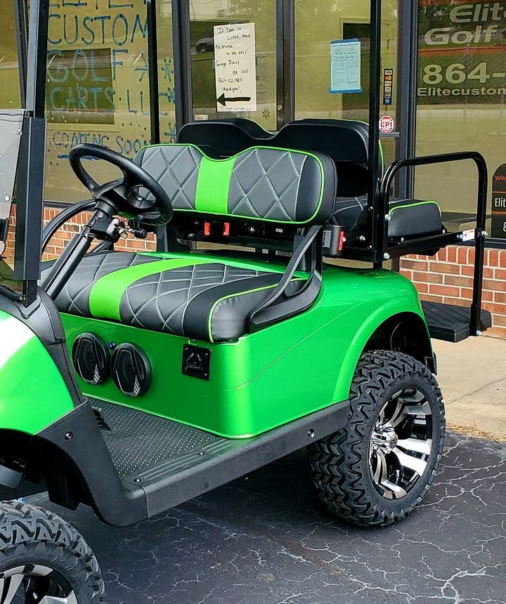 Custom Diamond Stich Charcoal Grey &amp; Black Carbon w/ Green Stipe &amp; Pipe Ez-Go (Ezgo) Txt/Rxv or Club Car DS 2000-2013 Cart Front Rear Seat Covers