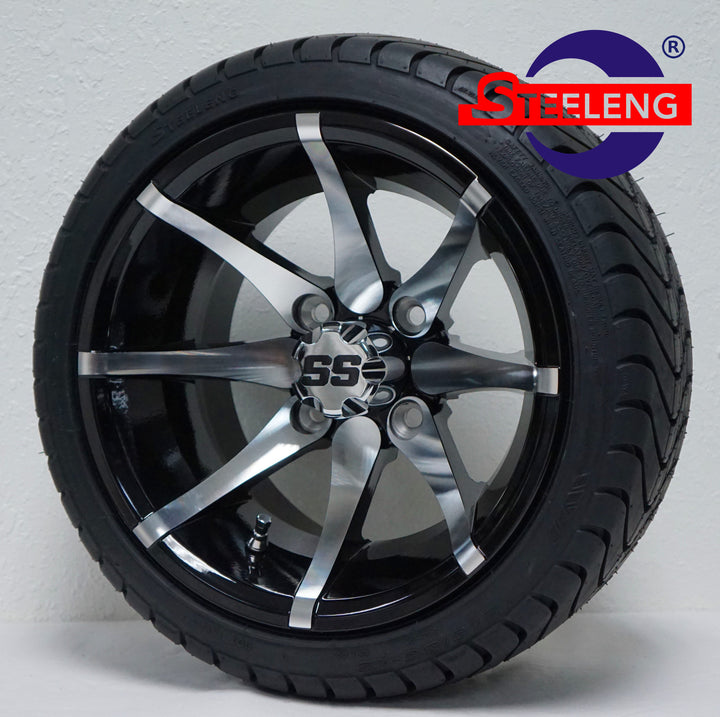 12" KRACKEN MACHINED / BLACK GOLF CART WHEELS on LOW PROFILE TIRES (SET OF 4) W/ Lugs