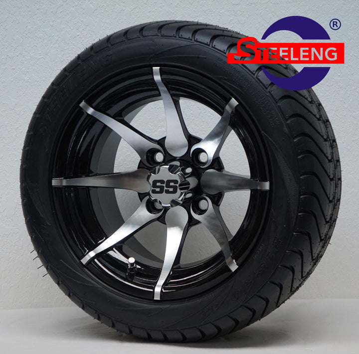 12" KRACKEN MACHINED / BLACK GOLF CART WHEELS on LOW PROFILE TIRES (SET OF 4) W/ Lugs