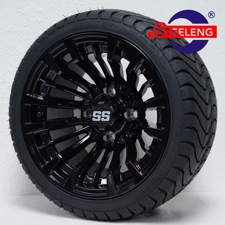 12" MATADOR BLACK GOLF CART WHEELS on STREET TIRES (SET OF 4) W/ Lugs