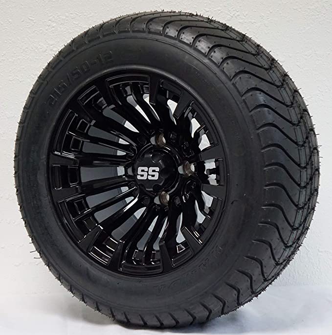 12" MATADOR BLACK GOLF CART WHEELS on STREET TIRES (SET OF 4) W/ Lugs