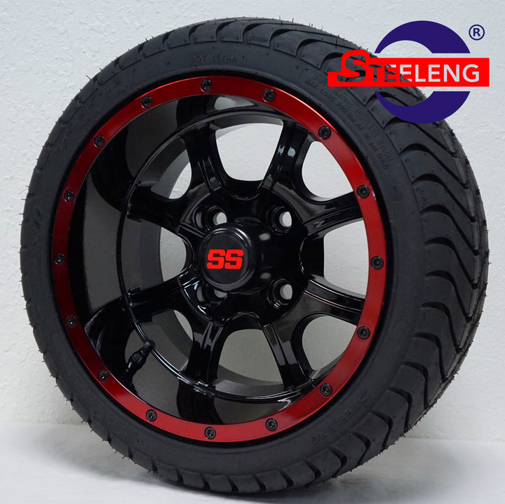 12" NIGHT STALKER BLACK / RED GOLF CART WHEELS on LOW PROFILE TIRES (SET OF 4) W/ Lugs