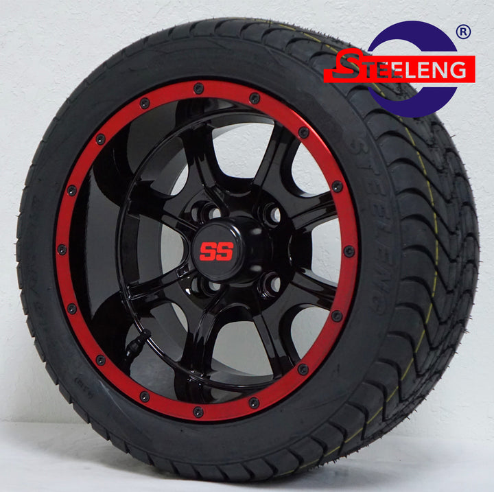 12" NIGHT STALKER BLACK / RED GOLF CART WHEELS on LOW PROFILE TIRES (SET OF 4) W/ Lugs