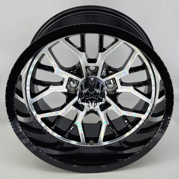 EMPIRE OUTLAW O3 GLOSS BLACK WITH MACHINED FACE GOLF CART 14" WHEELS ON 14x23" PARAMOUNT ALL TERRAIN TIRES (SET OF 4) optional Lugs