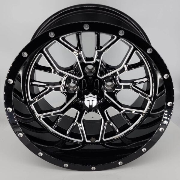 EMPIRE OUTLAW O2 GLOSS BLACK WITH MILLED EDGE &amp; MILLED RIVETS GOLF CART 14" WHEELS ON 14x23" PARAMOUNT ALL TERRAIN TIRES (SET OF 4) optional Lugs