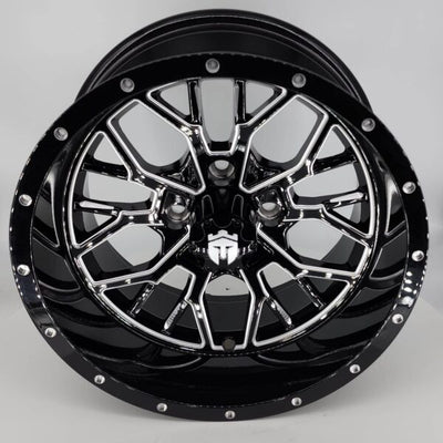 EMPIRE OUTLAW O2 GLOSS BLACK WITH MILLED EDGE & MILLED RIVETS GOLF CART 14" WHEELS ON 14x23" PARAMOUNT ALL TERRAIN TIRES (SET OF 4) optional Lugs