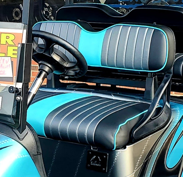 Custom Charcoal Grey &amp; Black Carbon w/ Teal Stripe &amp; Pipe Ez-Go (Ezgo) Txt/Rxv(1996-current) or Club Car DS 2000-2013 Cart Front Rear Seat Covers
