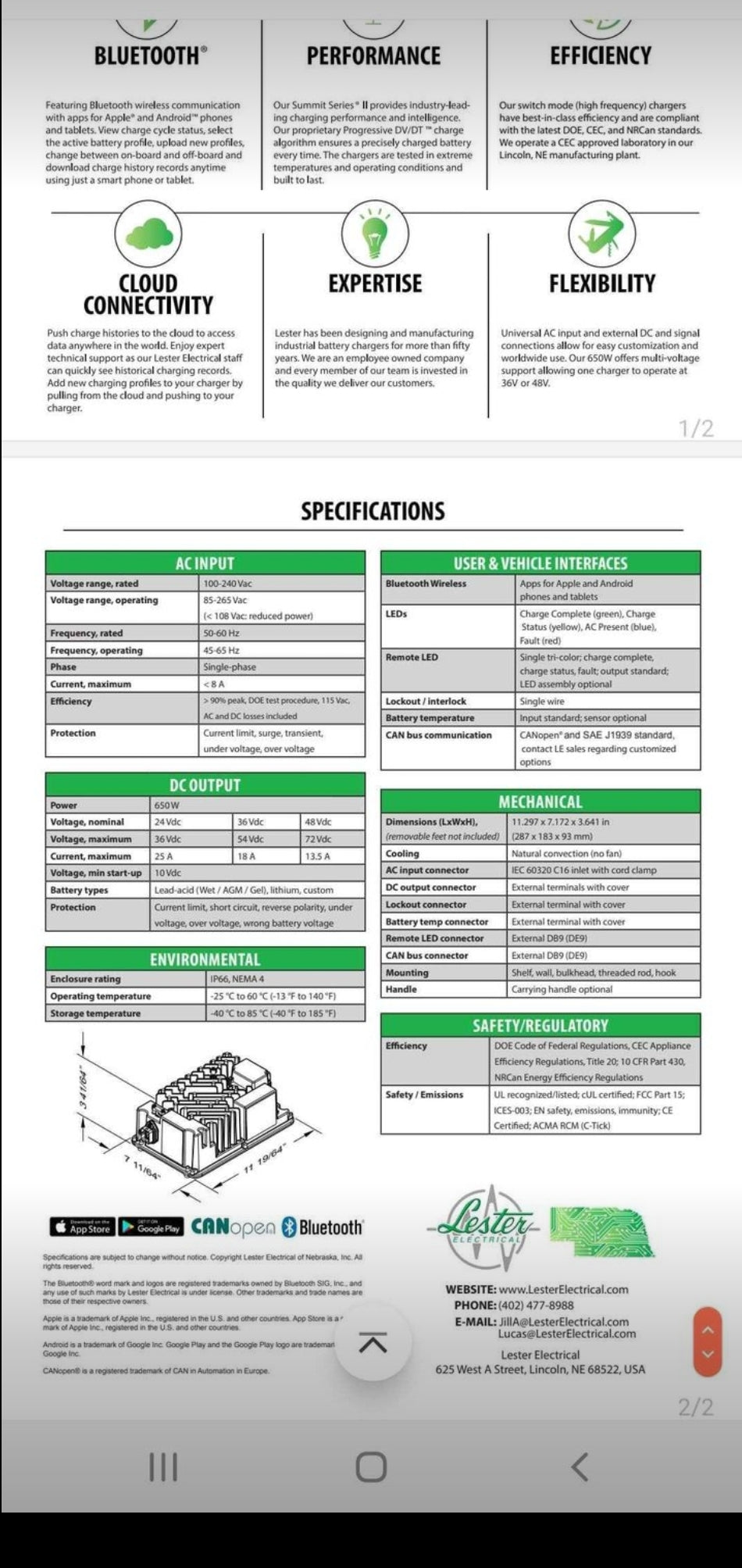 Lester Summit Series II Battery On Board Charger 650W 18 amp 36V