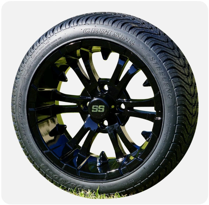 GOLF CART 14" BLACK VAMPIRE WHEELS LOW PROFILE TIRES (SET OF 4)