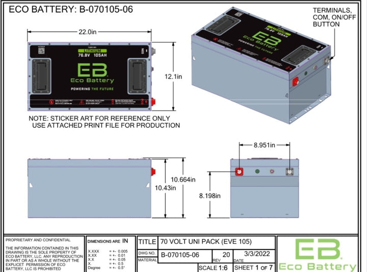 Eco Battery LIFEPO4 Lithium 70 Volt 105ah Battery Only