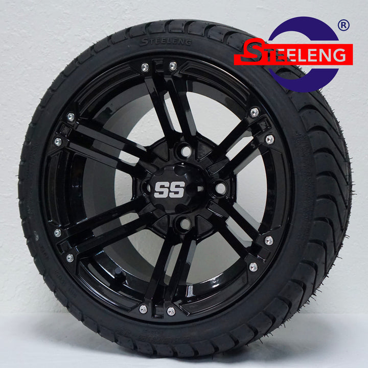 12" TERMINATOR BLACK GOLF CART WHEELS on LOW PROFILE TIRES (SET OF 4) W/ Lugs