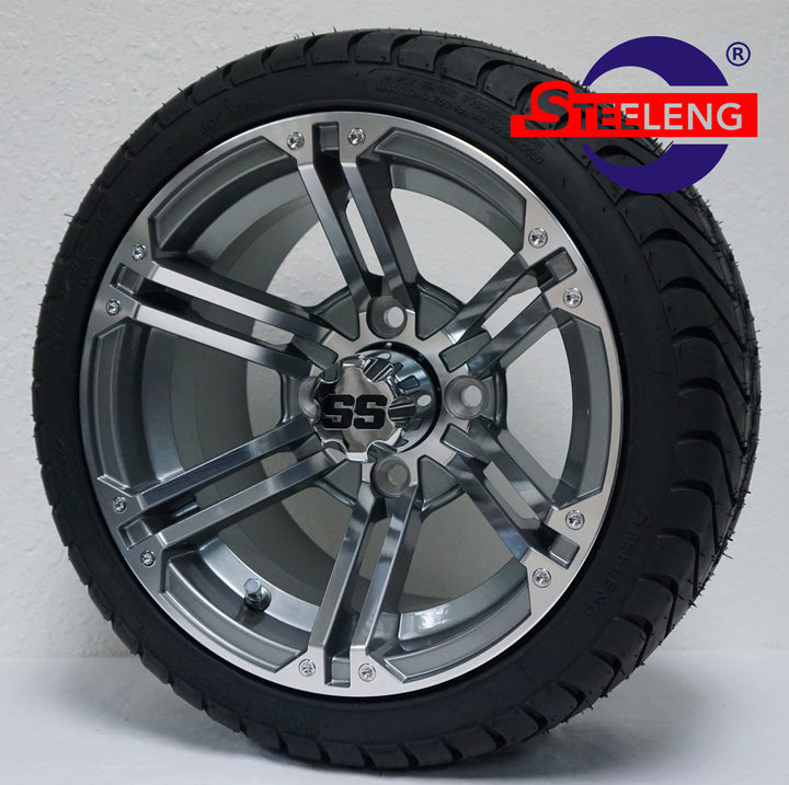 12" TERMINATOR MACHINED / GUNMETAL GOLF CART WHEELS on LOW PROFILE TIRES (SET OF 4) W/ Lugs