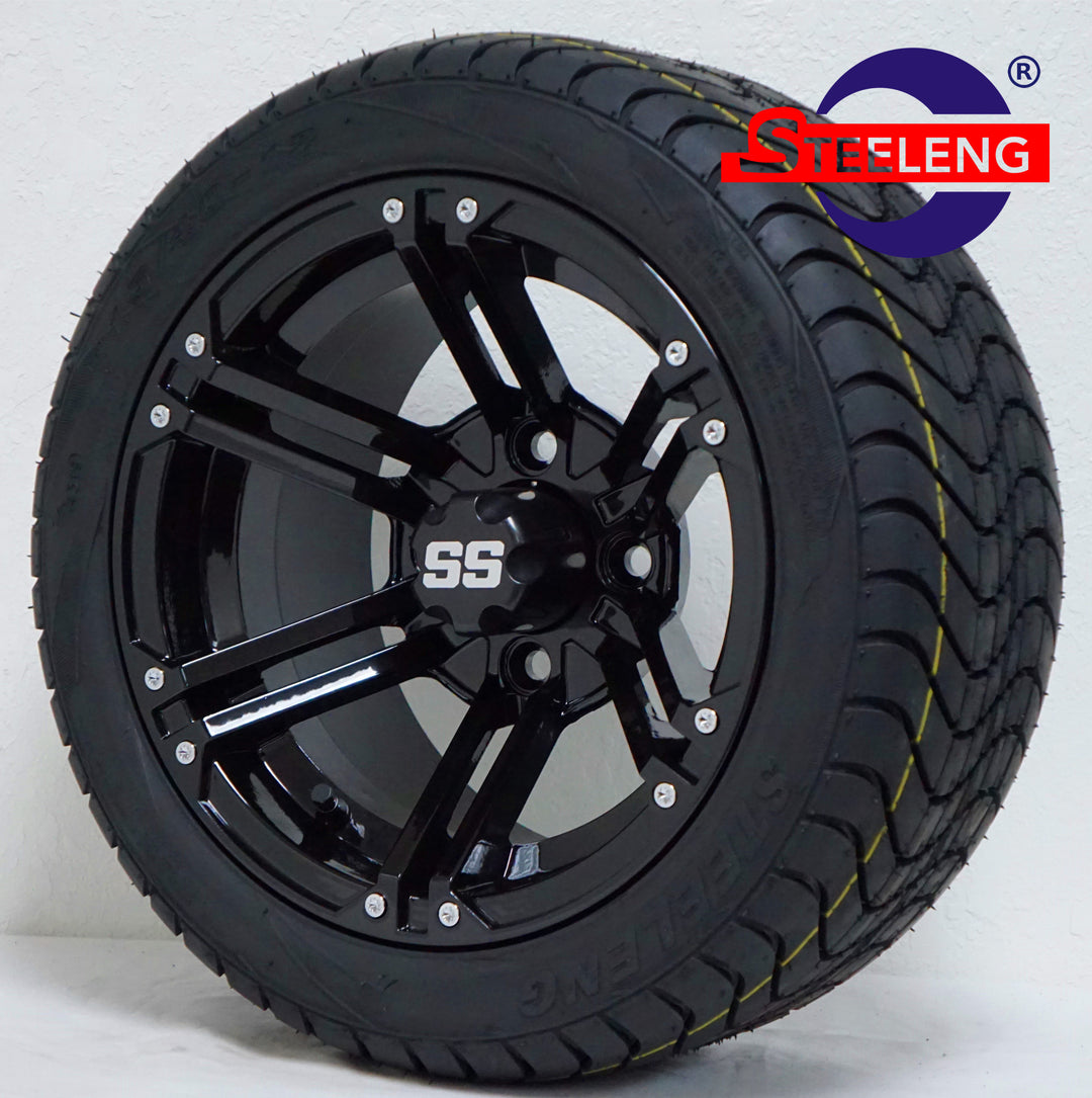 12" TERMINATOR BLACK GOLF CART WHEELS on LOW PROFILE TIRES (SET OF 4) W/ Lugs