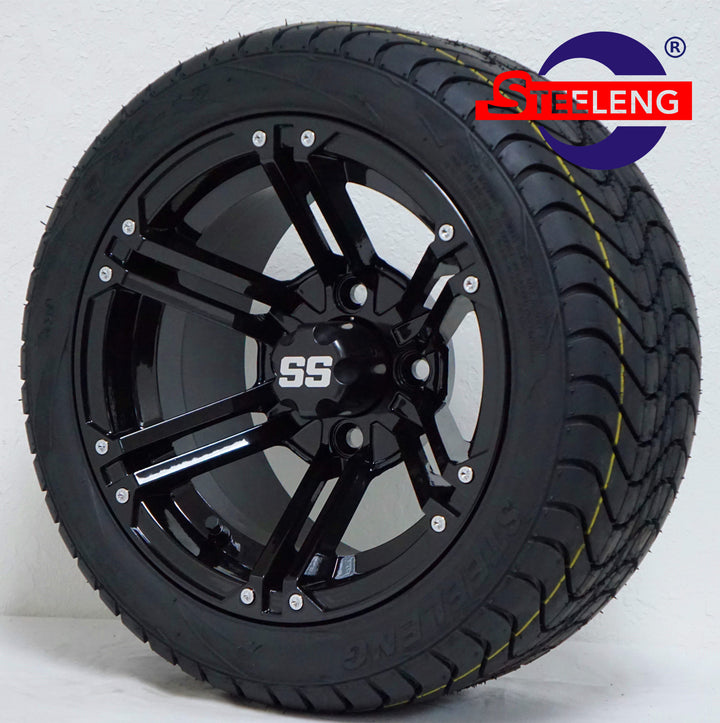 12" TERMINATOR BLACK GOLF CART WHEELS on LOW PROFILE TIRES (SET OF 4) W/ Lugs