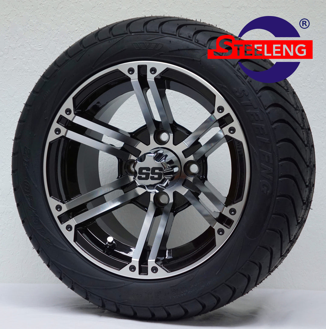 12" TERMINATOR MACHINED / BLACK GOLF CART WHEELS on LOW PROFILE TIRES (SET OF 4) W/ Lugs