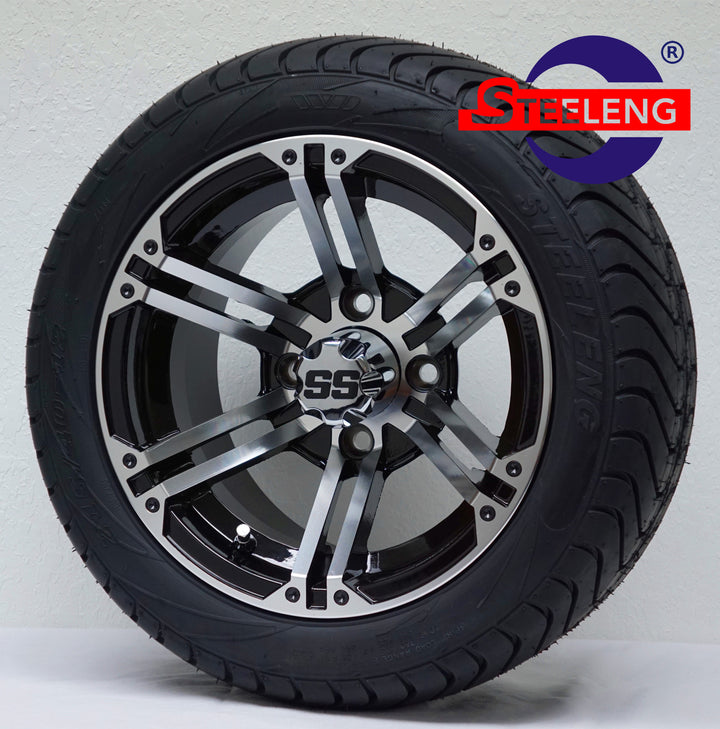 12" TERMINATOR MACHINED / BLACK GOLF CART WHEELS on LOW PROFILE TIRES (SET OF 4) W/ Lugs