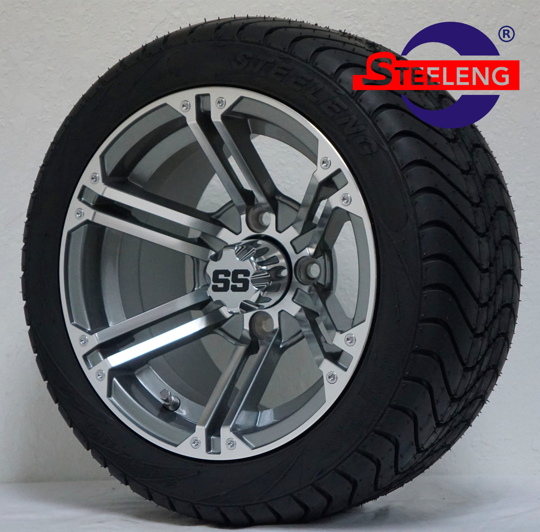 12" TERMINATOR MACHINED / GUNMETAL GOLF CART WHEELS on LOW PROFILE TIRES (SET OF 4) W/ Lugs