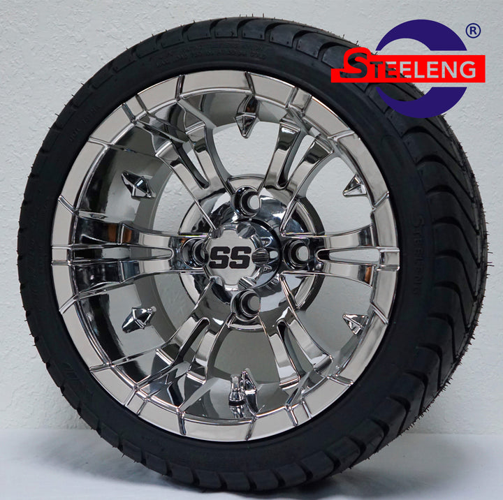 12" VAMPIRE CHROME GOLF CART WHEELS on LOW PROFILE TIRES (SET OF 4) W/ Lugs