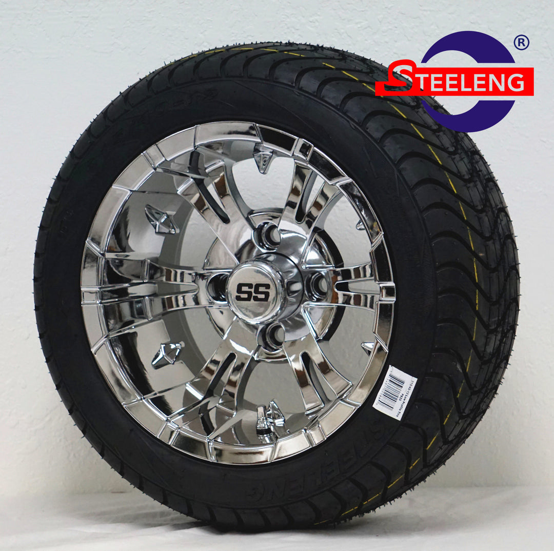 12" VAMPIRE CHROME GOLF CART WHEELS on LOW PROFILE TIRES (SET OF 4) W/ Lugs