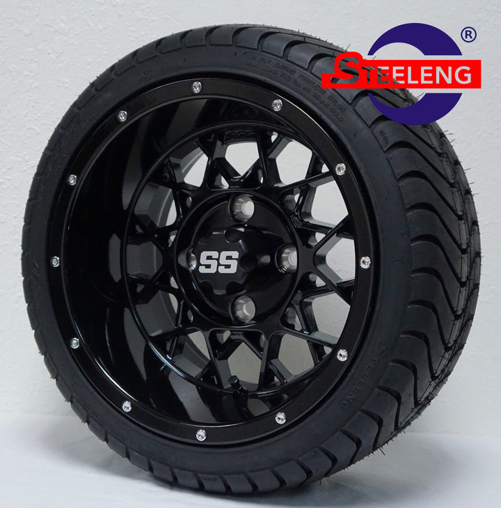 12" VENOM BLACK GOLF CART WHEELS on LOW PROFILE TIRES (SET OF 4) W/ Lugs