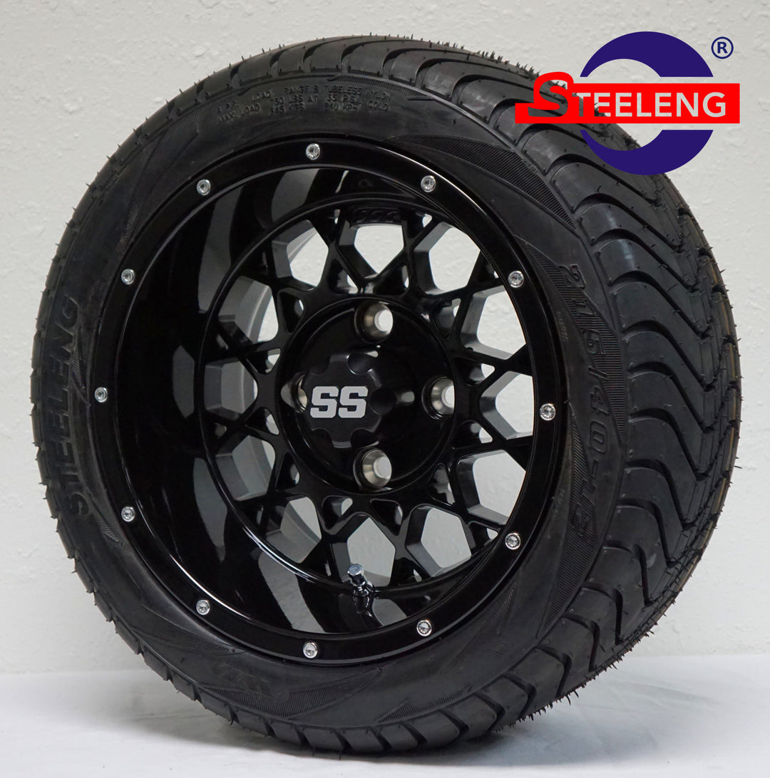 12" VENOM BLACK GOLF CART WHEELS on LOW PROFILE TIRES (SET OF 4) W/ Lugs