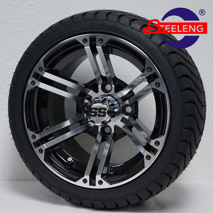 12" TERMINATOR MACHINED / BLACK GOLF CART WHEELS on LOW PROFILE TIRES (SET OF 4) W/ Lugs