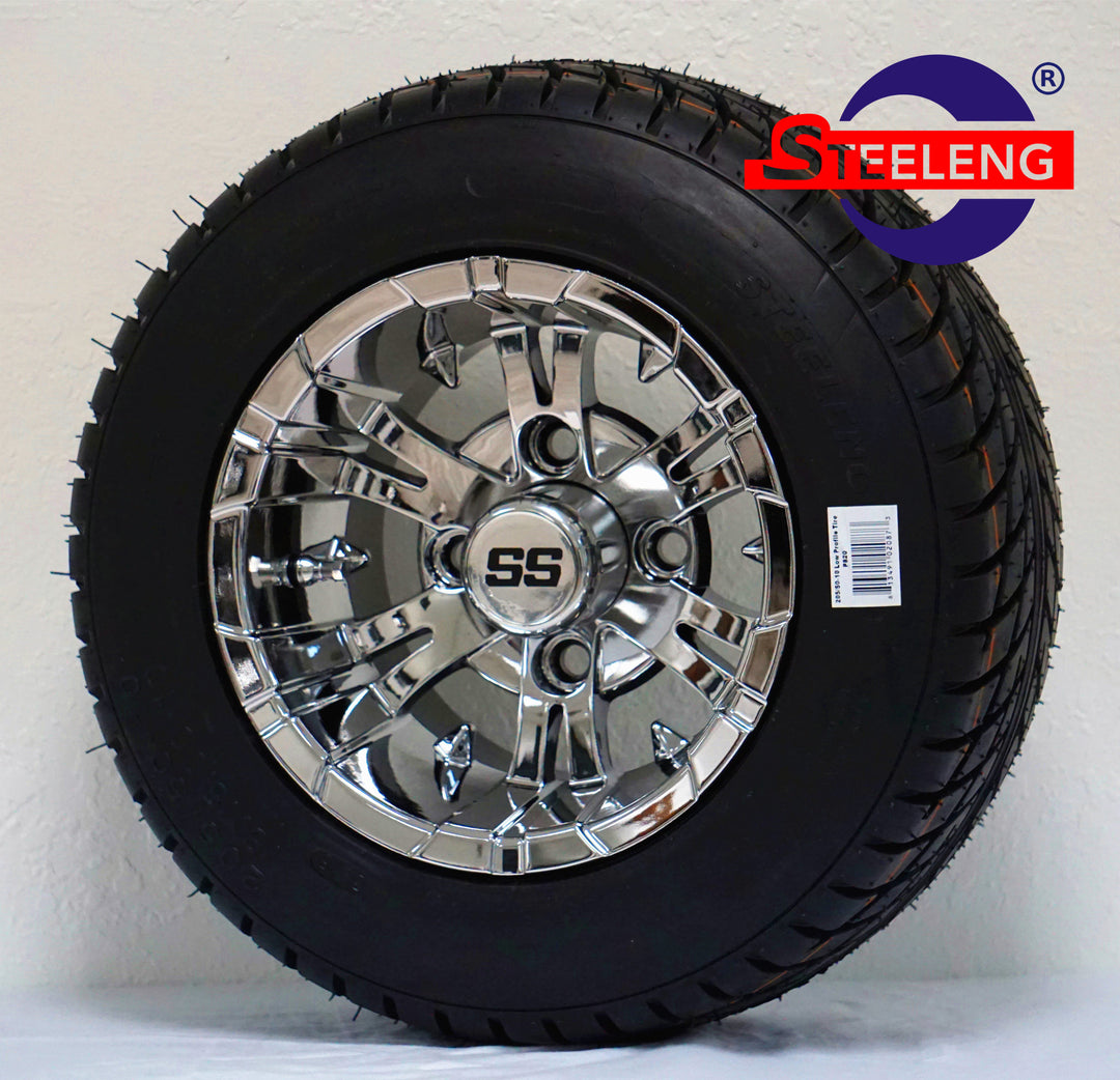 10" VAMPIRE CHROME GOLF CART  WHEELS on 205/50-10 LOW PROFILE TIRES (SET OF 4)